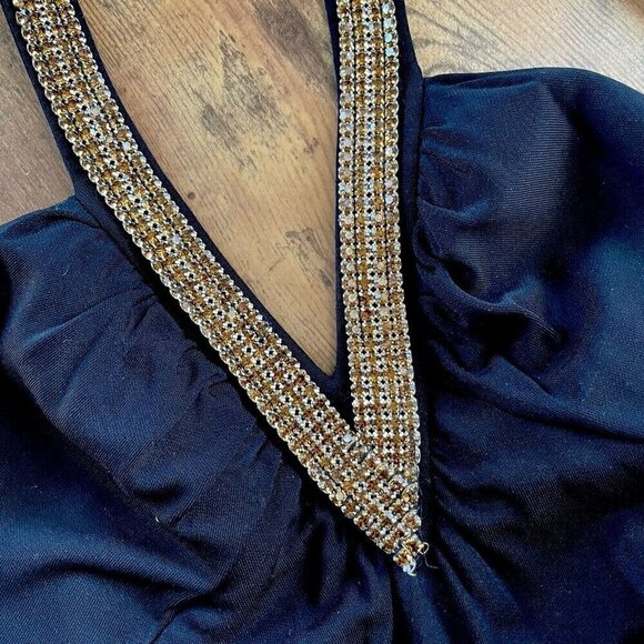 Y2K Vintage Prom Gown Sz P Petite Black Halter Rhinestone Halter Maxi Dress - Picture 11 of 12